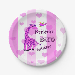 Giraffe illustration in pink colour paper plate