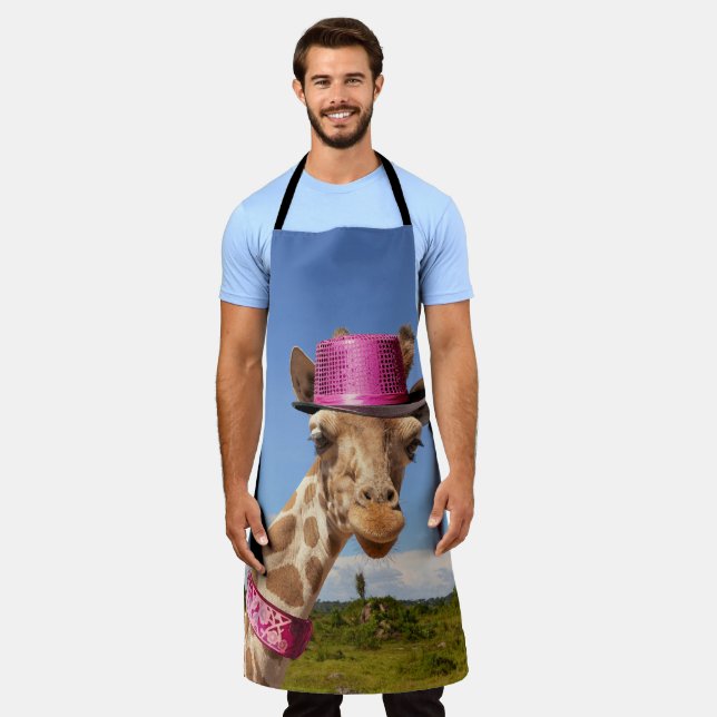 Giraffe in a sparkly pink hat apron (Worn)