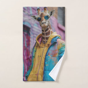 Giraffe in a streetwear with sunglasses hand towel