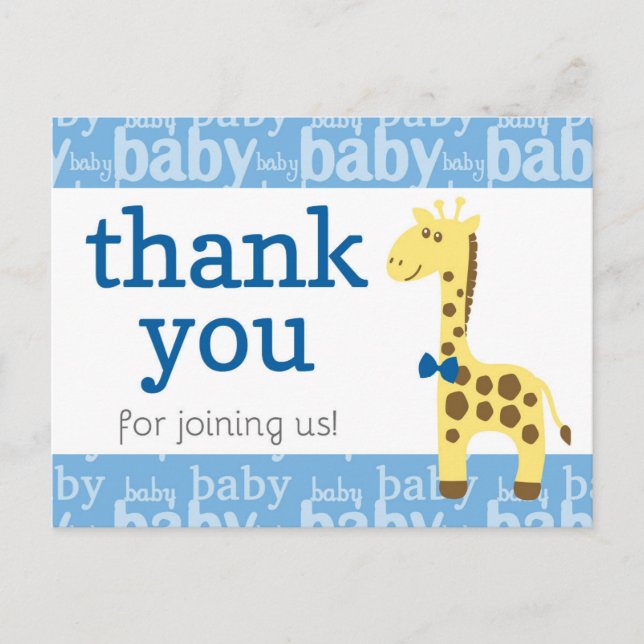 Giraffe in Blue Bow Baby Shower for Boy Thank You Postcard (Front)