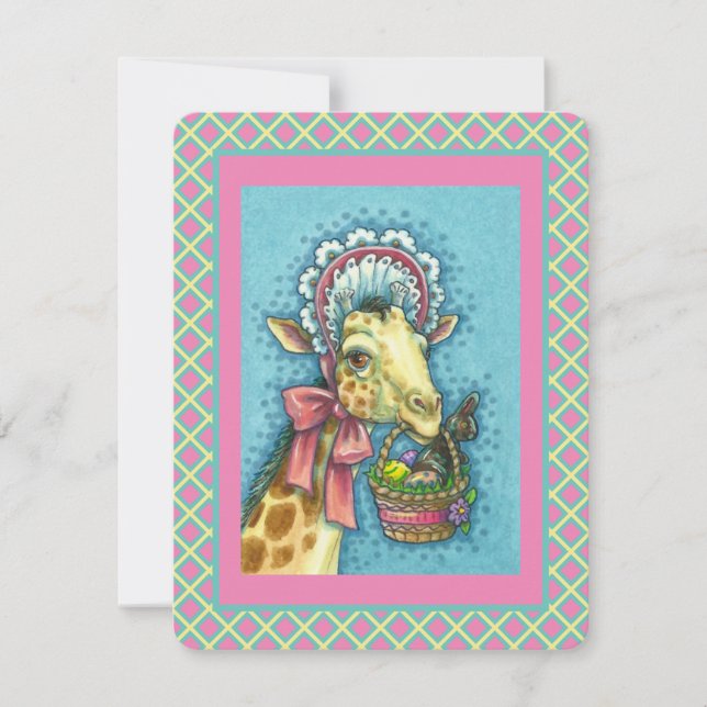 GIRAFFE IN CUTE EASTER BONNET, EGG BASKET Flat Holiday Card (Front)