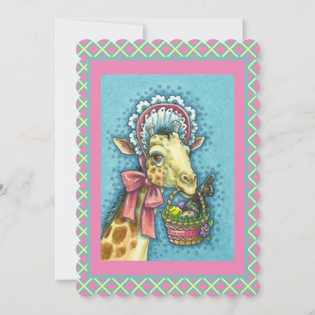GIRAFFE IN CUTE EASTER BONNET, EGG BASKET Flat Holiday Card (Front)