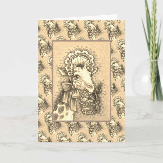 GIRAFFE IN CUTE SPRING EASTER BONNET, EGG BASKET HOLIDAY CARD (Front)