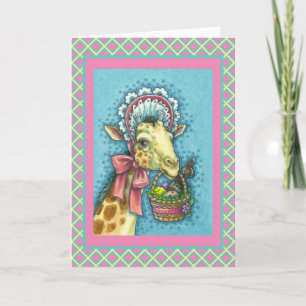 GIRAFFE IN CUTE SPRING EASTER BONNET, EGG BASKET HOLIDAY CARD