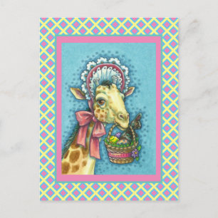 GIRAFFE IN CUTE SPRING EASTER BONNET, EGG BASKET HOLIDAY POSTCARD