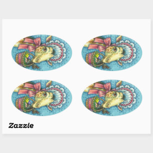 GIRAFFE IN CUTE SPRING EASTER BONNET, EGG BASKET OVAL STICKER