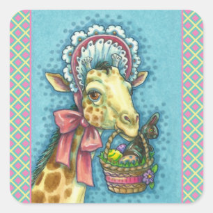 GIRAFFE IN CUTE SPRING EASTER BONNET, EGG BASKET SQUARE STICKER