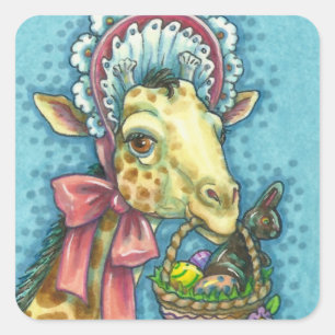 GIRAFFE IN CUTE SPRING EASTER BONNET, EGG BASKET SQUARE STICKER