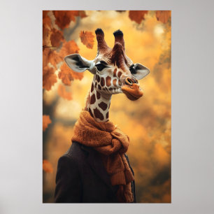 Giraffe in Fall Clothes Art Print, Autumn Poster