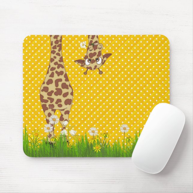 Giraffe in Grass on Polka Dots Mousepad (With Mouse)