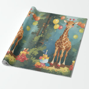 Giraffe in Jungle with Cake   Wrapping Paper