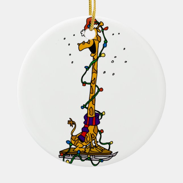 Giraffe in lights on sled ceramic tree decoration (Front)