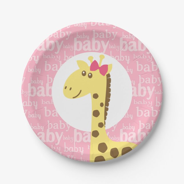 Giraffe in Pink Bow Baby Shower for Girl Paper Plate (Front)