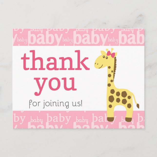 Giraffe in Pink Bow Baby Shower for Girl Thank You Postcard (Front)