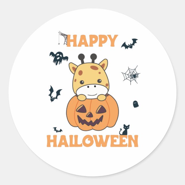 Giraffe In Pumpkin Cute Giraffes Happy Halloween Classic Round Sticker (Front)