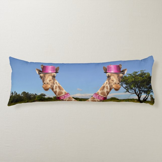 Giraffe in sparkly pink hat body cushion (Front)