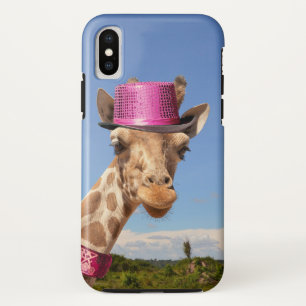 Giraffe in sparkly pink hat iPhone x case