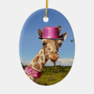 Giraffe in sparkly pink hat ceramic tree decoration