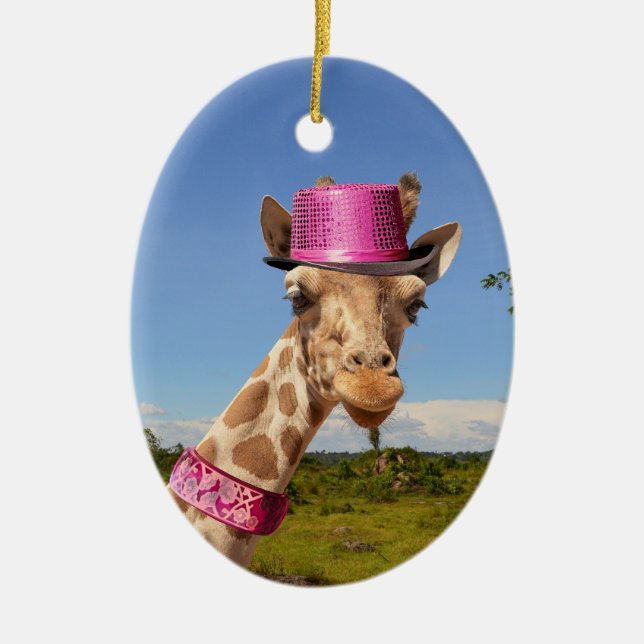 Giraffe in sparkly pink hat ceramic tree decoration (Front)