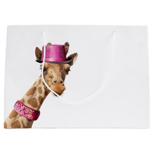 Giraffe in sparkly pink hat large gift bag
