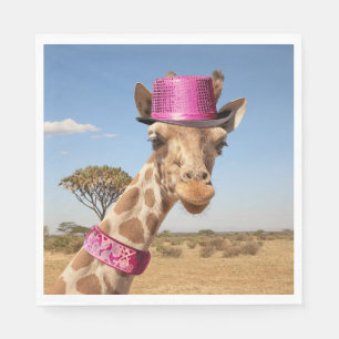 Giraffe in sparkly pink hat napkin