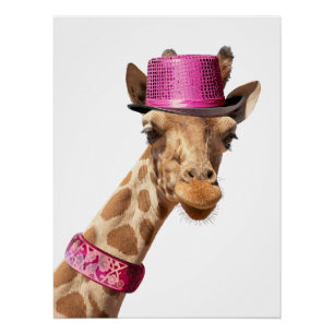 Giraffe in sparkly pink hat poster