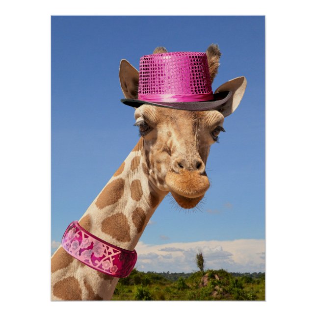 Giraffe in sparkly pink hat poster (Front)