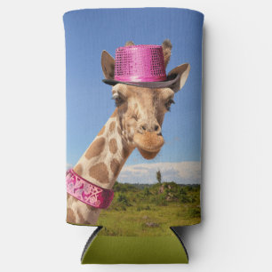 Giraffe in sparkly pink hat seltzer can cooler