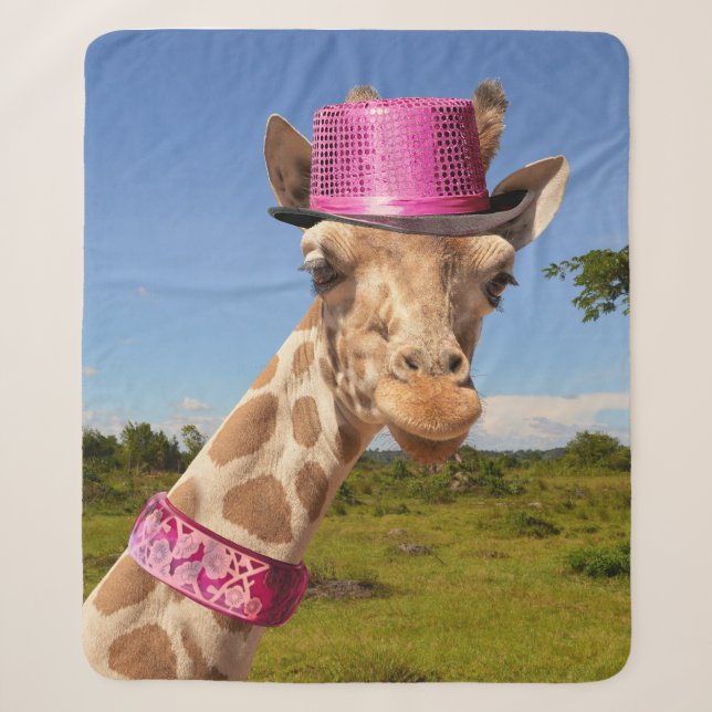 Giraffe in sparkly pink hat sherpa blanket (Front)