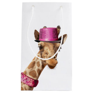 Giraffe in sparkly pink hat small gift bag