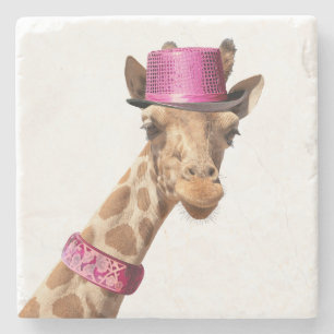Giraffe in sparkly pink hat stone coaster