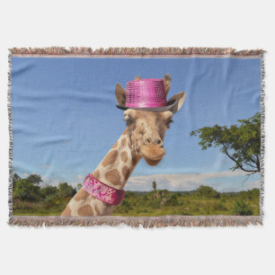 Giraffe in sparkly pink hat throw blanket