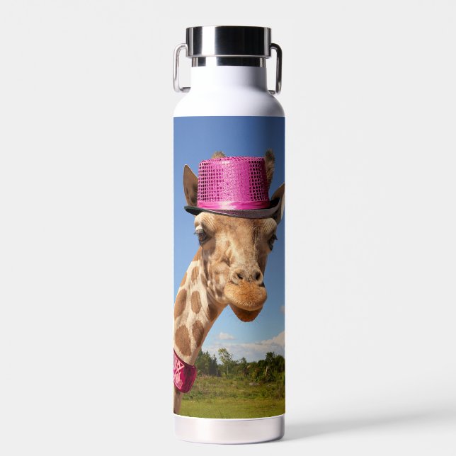 Giraffe in sparkly pink hat water bottle (Front)