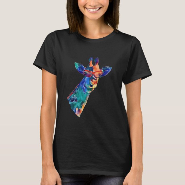 Giraffe in Sunglasses Rainbow Watercolor AI Style T-Shirt (Front)