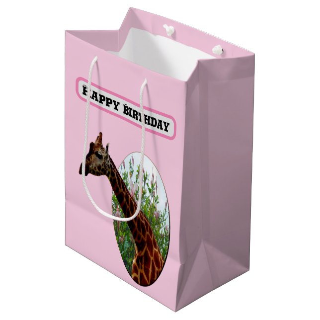 Giraffe In The Hibiscus Bush, Birthday Medium Gift Bag (Front Angled)