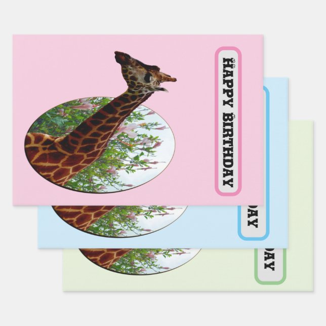Giraffe In The Hibiscus Bush, Birthday Wrapping Paper Sheet (Set)