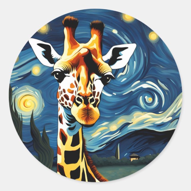 Giraffe in the Starry Night Classic Round Sticker (Front)