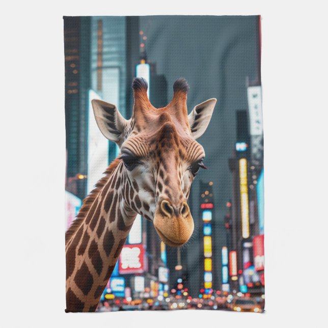 Giraffe in Times Square Tea Towel (Vertical)