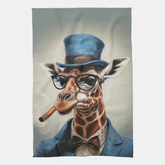 Giraffe in top hat and jacket tea towel (Vertical)