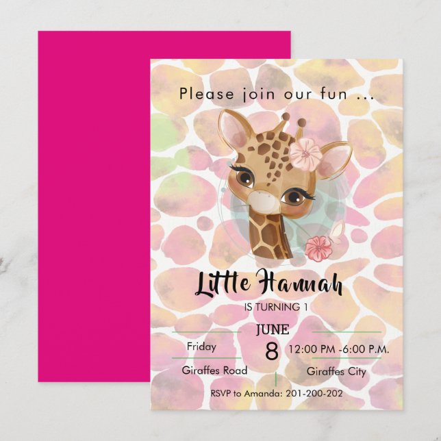 Giraffe in watercolor girls birthday invitation (Front/Back)