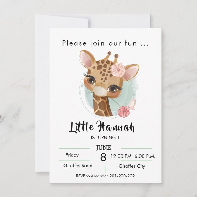 Giraffe in watercolor girls birthday invitation (Front)