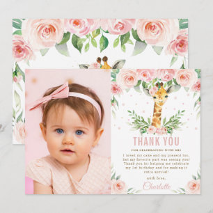 Giraffe Jungle Blush Floral 1st Birthday Photo Thank You Card