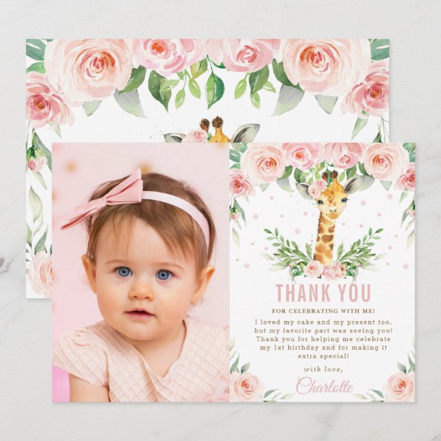 Giraffe Jungle Blush Floral 1st Birthday Photo  Thank You Card (Front/Back)