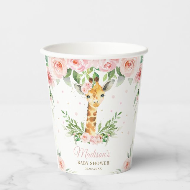 Giraffe Jungle Pink Floral Baby Shower Birthday Paper Cups (Front)