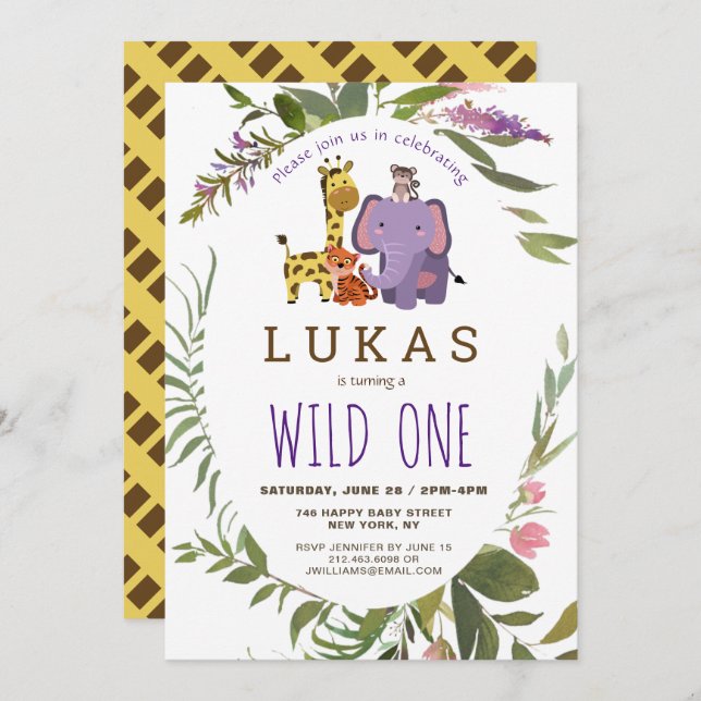 Giraffe Jungle Safari Animal 1st Birthday  Invitation (Front/Back)