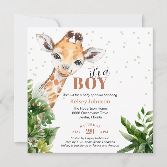 Giraffe Jungle Safari It's a Baby Sprinkle Invitation (Front)