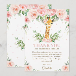 Giraffe Jungle Safari Pink Blush Floral Birthday Thank You Card
