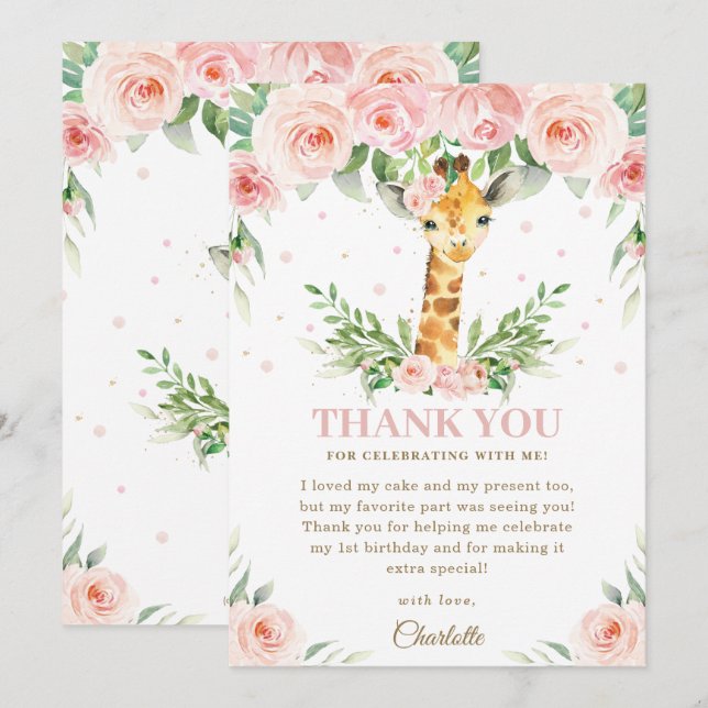 Giraffe Jungle Safari Pink Blush Floral Birthday  Thank You Card (Front/Back)