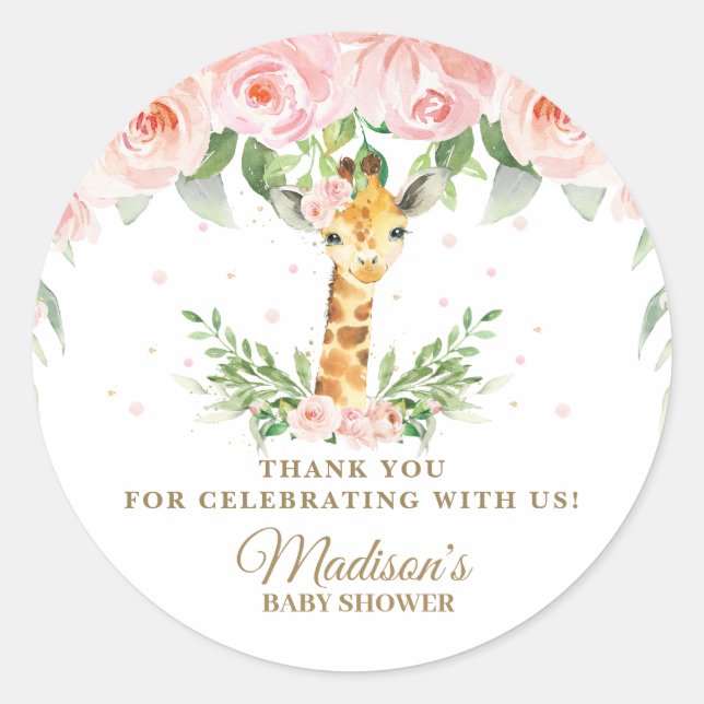 Giraffe Jungle Safari Pink Floral Thank You Favour Classic Round Sticker (Front)