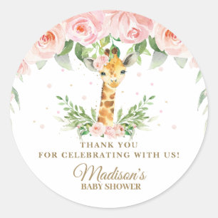Giraffe Jungle Safari Pink Floral Thank You Favour Classic Round Sticker